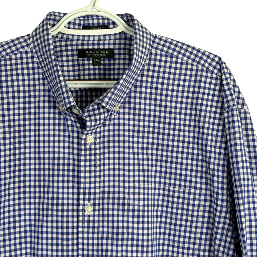 Banana Republic Tech Stretch Cotton Shirt Slim Flex Fit Mens XXL Blue Gingham